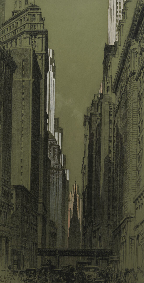 Lot 1123: Alonzo C. Webb Charcoal & Gouache, Wall Street New York Scene