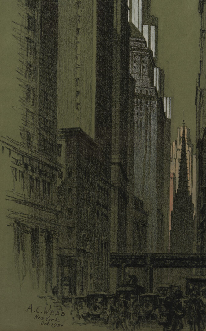 Lot 1123: Alonzo C. Webb Charcoal & Gouache, Wall Street New York Scene