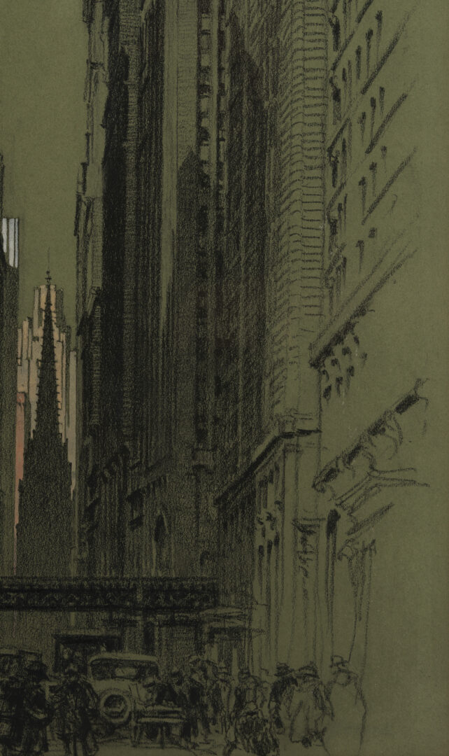 Lot 1123: Alonzo C. Webb Charcoal & Gouache, Wall Street New York Scene