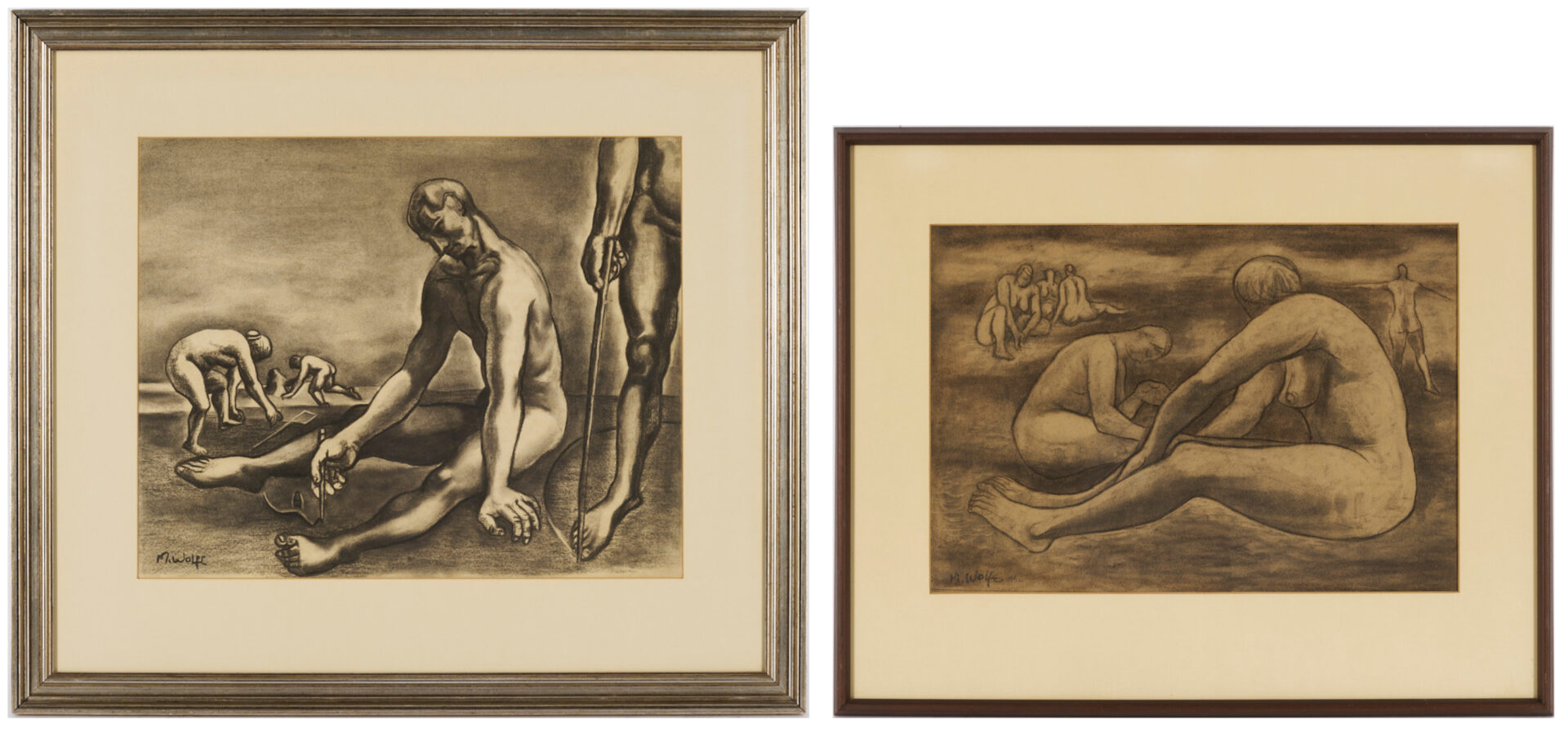 Lot 1126: 2 Meyer Wolfe Charcoal Drawings, Nudes in the Sand