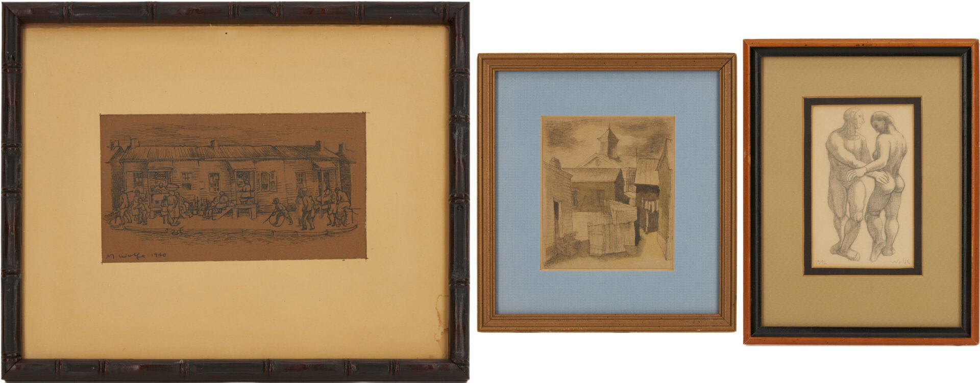 Lot 1127: 3 Small Meyer Wolfe Drawings: Street Scenes & Nude Couple