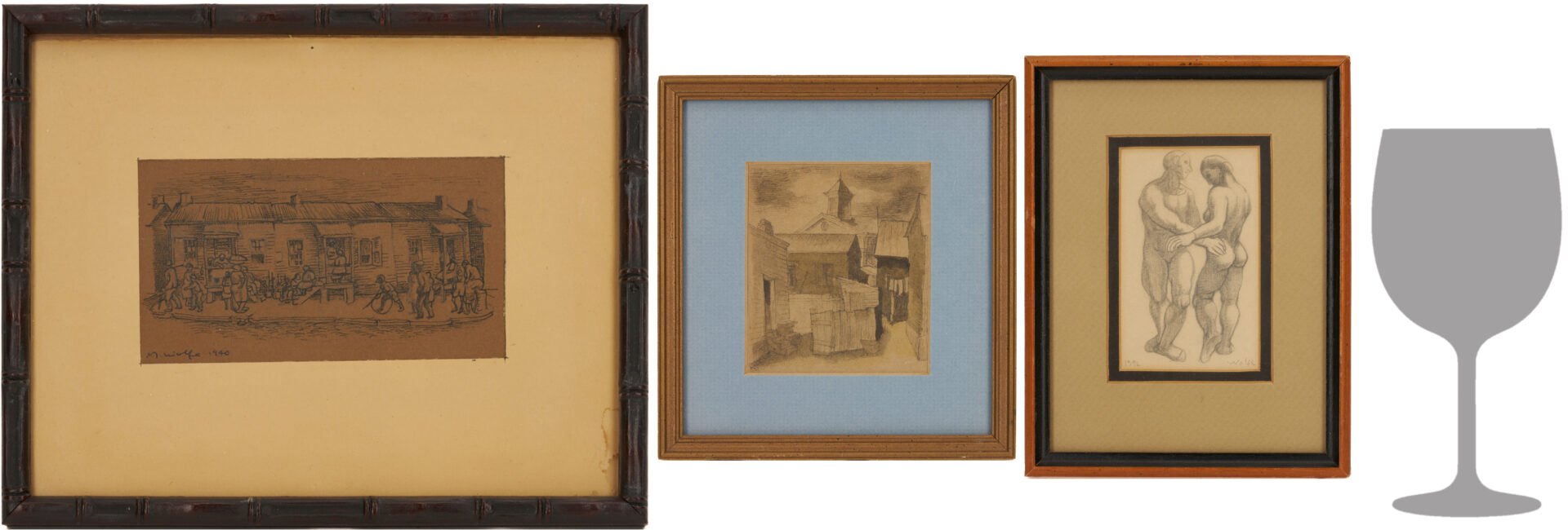 Lot 1127: 3 Small Meyer Wolfe Drawings: Street Scenes & Nude Couple