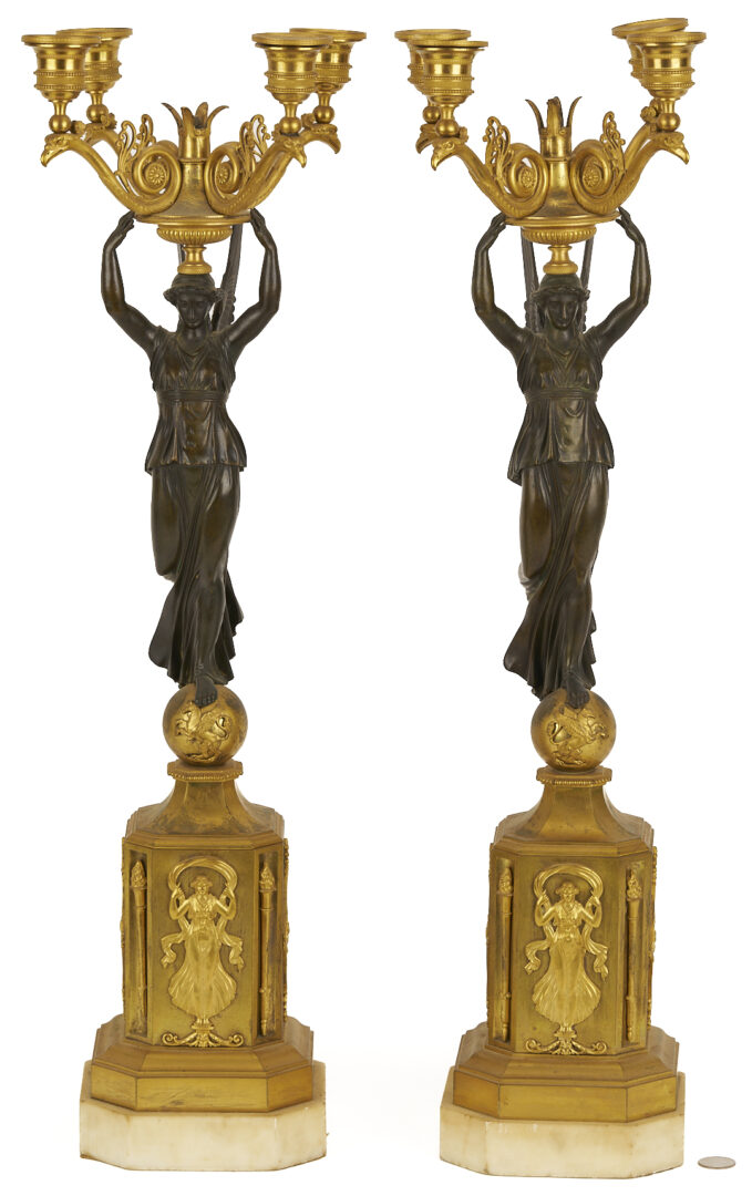 Lot 112: Pr. French Empire Gilt & Patinated Candleabra