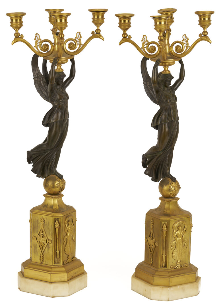 Lot 112: Pr. French Empire Gilt & Patinated Candleabra