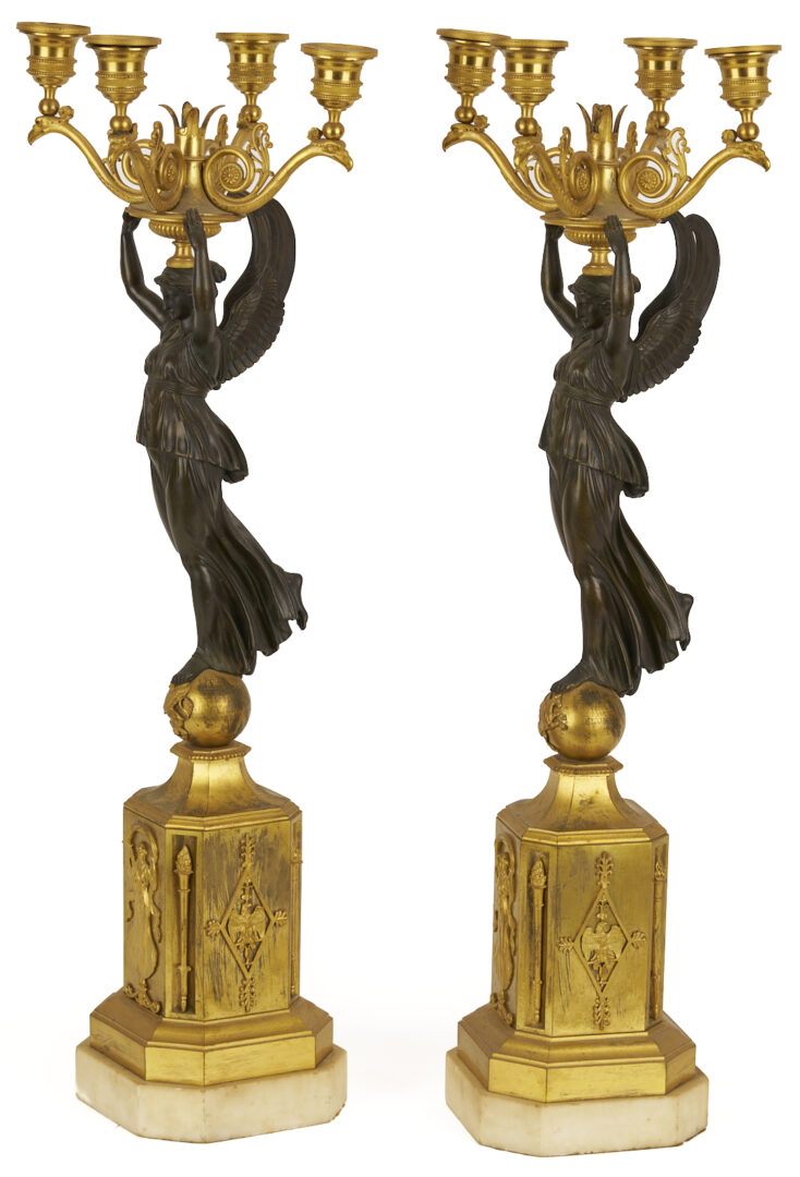 Lot 112: Pr. French Empire Gilt & Patinated Candleabra
