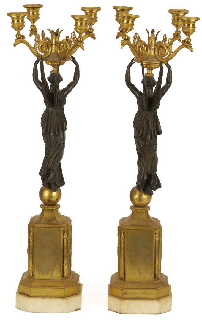 Lot 112: Pr. French Empire Gilt & Patinated Candleabra