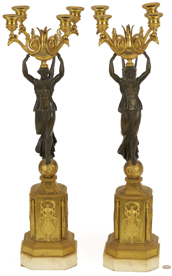 Lot 112: Pr. French Empire Gilt & Patinated Candleabra
