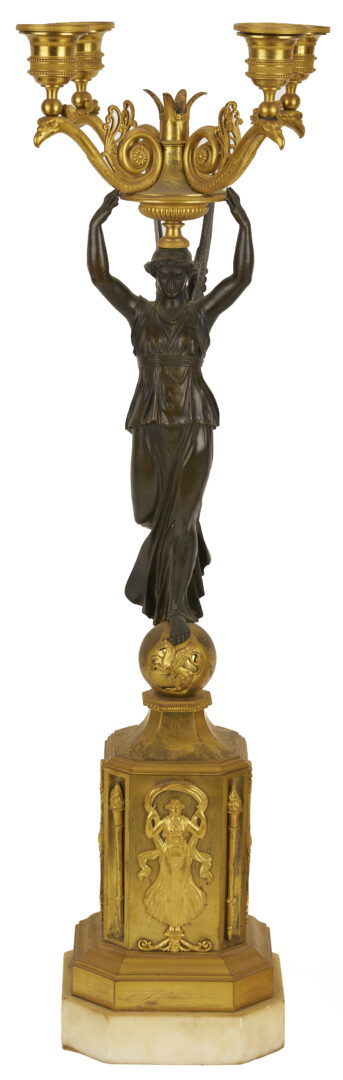 Lot 112: Pr. French Empire Gilt & Patinated Candleabra