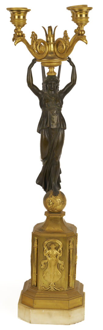 Lot 112: Pr. French Empire Gilt & Patinated Candleabra