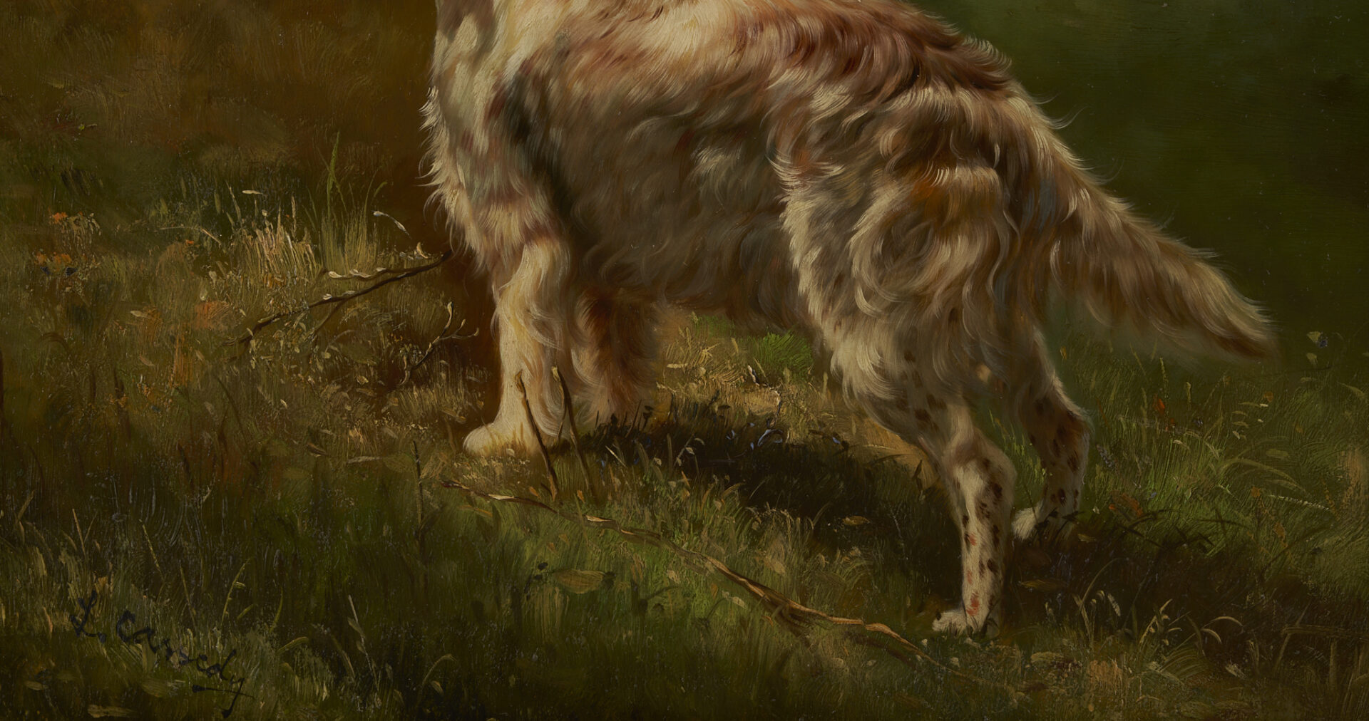 Lot 1140: Laura E. Cassidy O/C Hunting Dog Painting, English Setter, OH/KY Interest