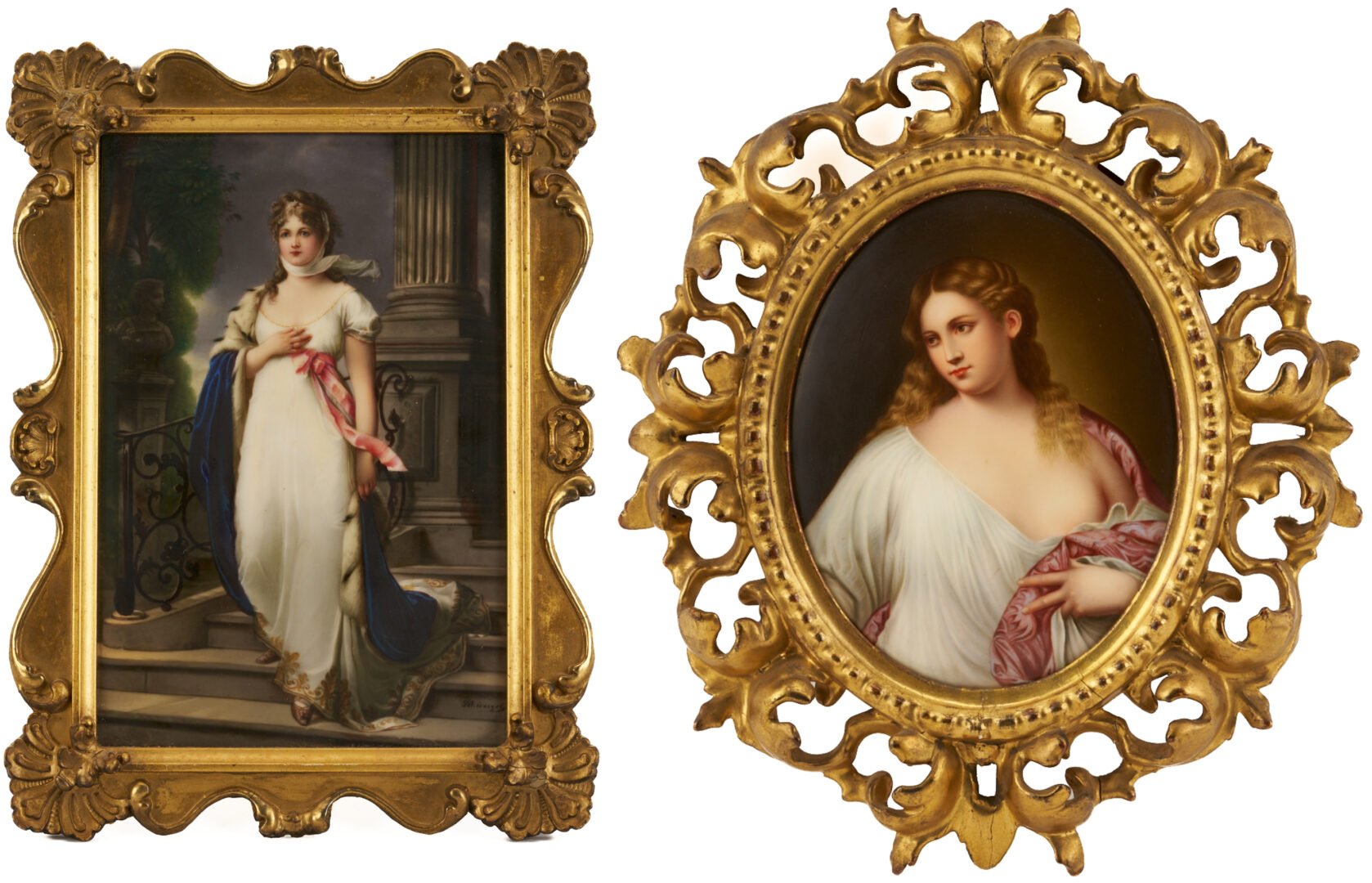 Lot 114: 2 Hand Painted Porcelain Plaques, Queen Louise and Flora
