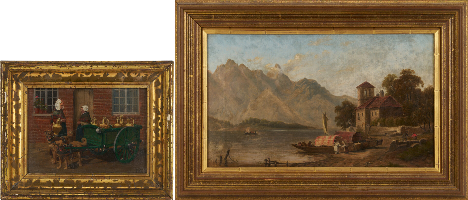 Lot 1155: 2 Continental Paintings: Milkmaids w/Dog Cart & Lakeside Scene