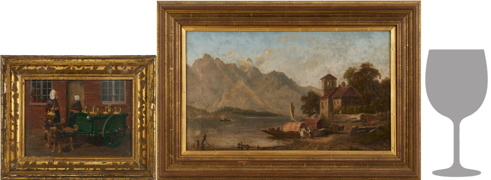 Lot 1155: 2 Continental Paintings: Milkmaids w/Dog Cart & Lakeside Scene