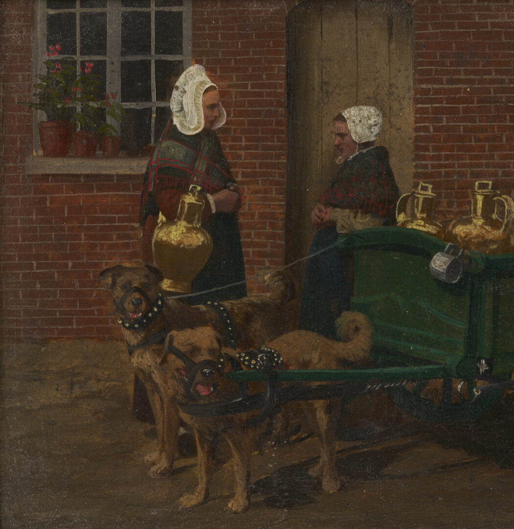 Lot 1155: 2 Continental Paintings: Milkmaids w/Dog Cart & Lakeside Scene