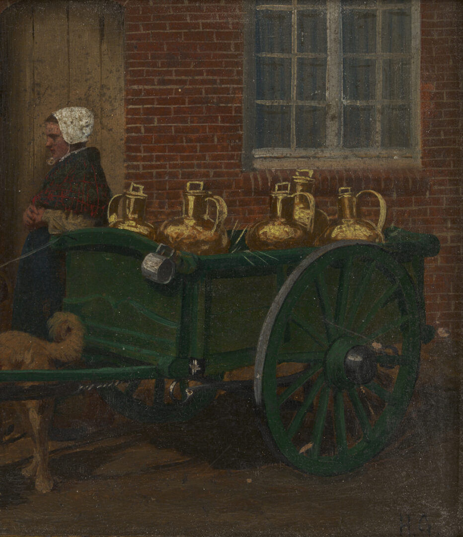 Lot 1155: 2 Continental Paintings: Milkmaids w/Dog Cart & Lakeside Scene