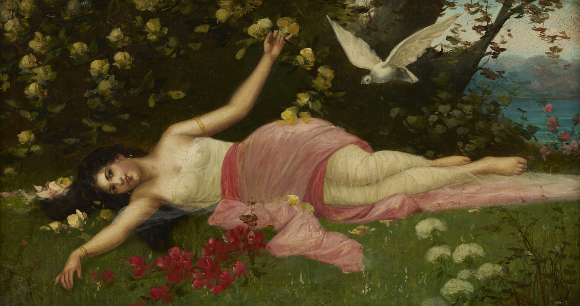 Lot 1162: C. Briand, poss. Hans Zatzka oil painting, Nymph Lying in a Garden