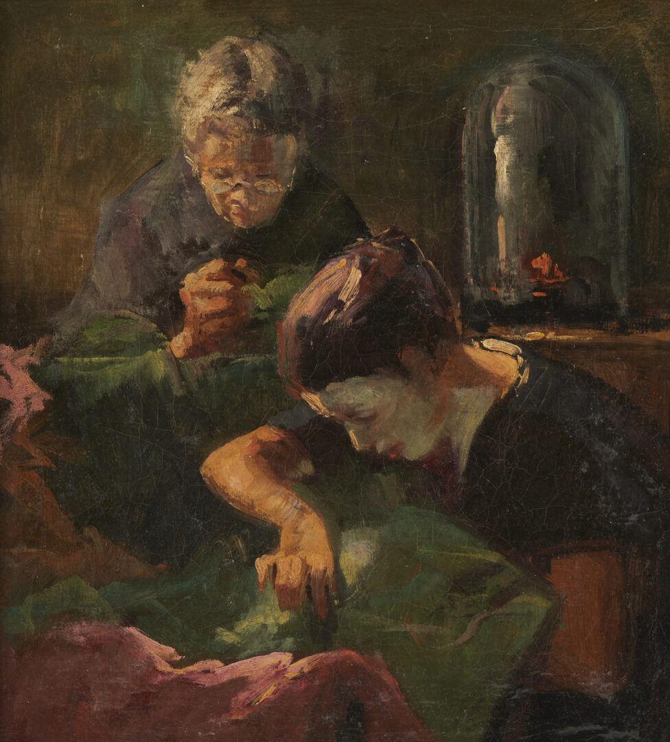 Lot 1163: Karoly Kotasz O/C Genre Painting, Two Women Sewing