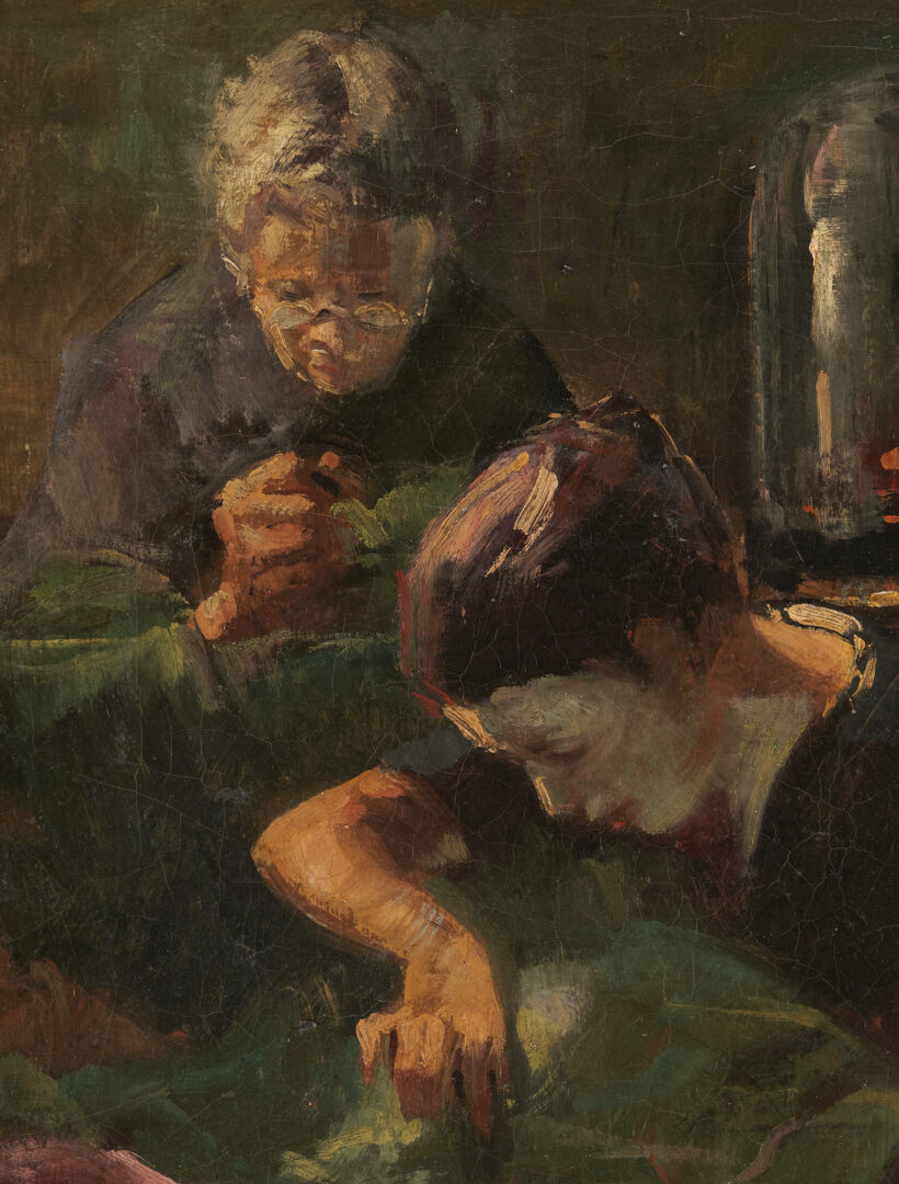 Lot 1163: Karoly Kotasz O/C Genre Painting, Two Women Sewing