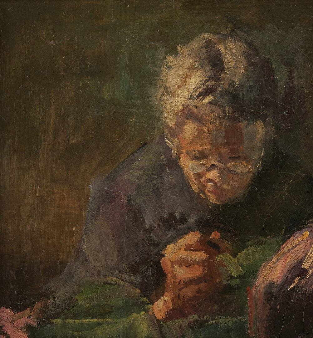 Lot 1163: Karoly Kotasz O/C Genre Painting, Two Women Sewing