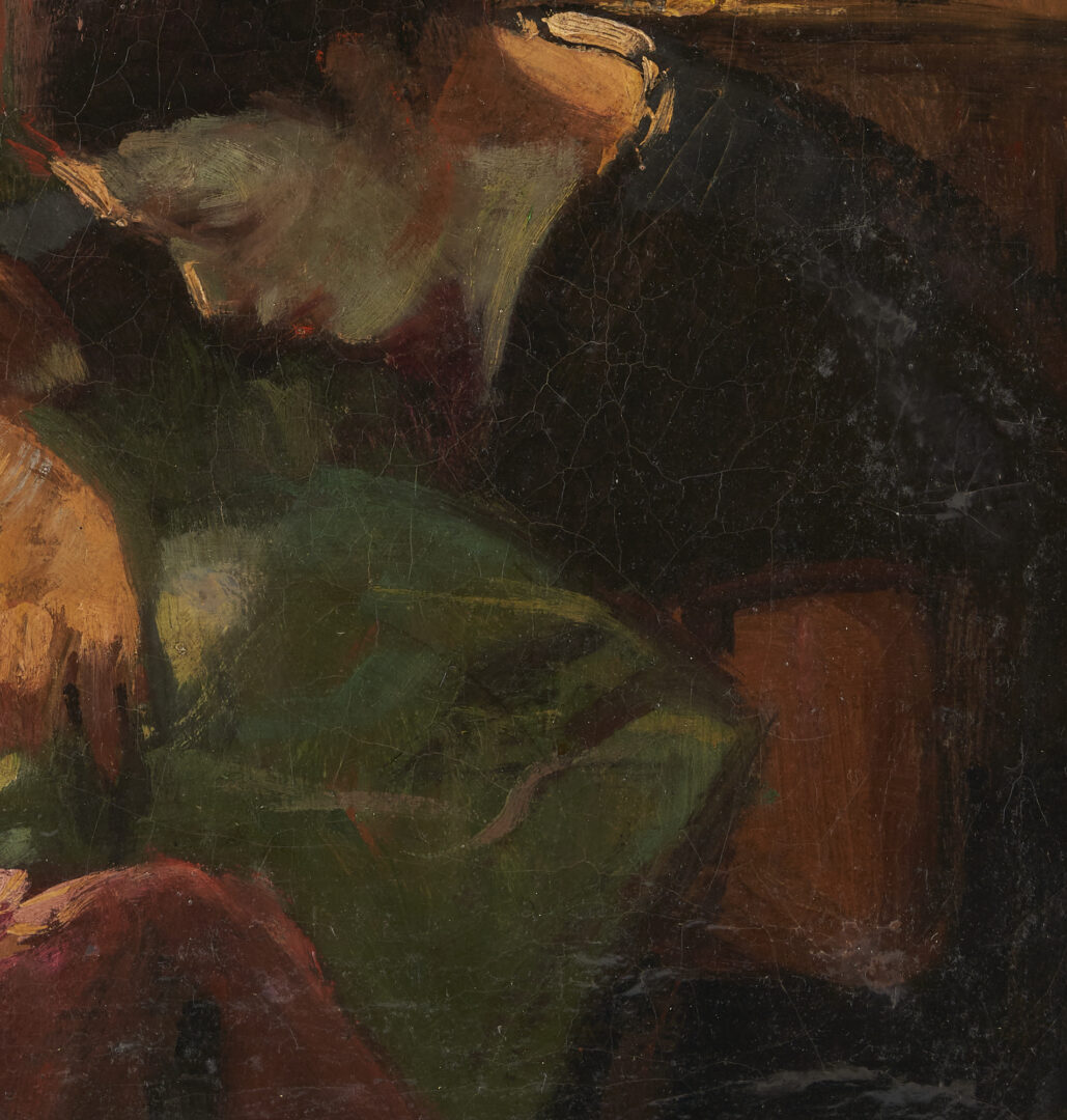 Lot 1163: Karoly Kotasz O/C Genre Painting, Two Women Sewing