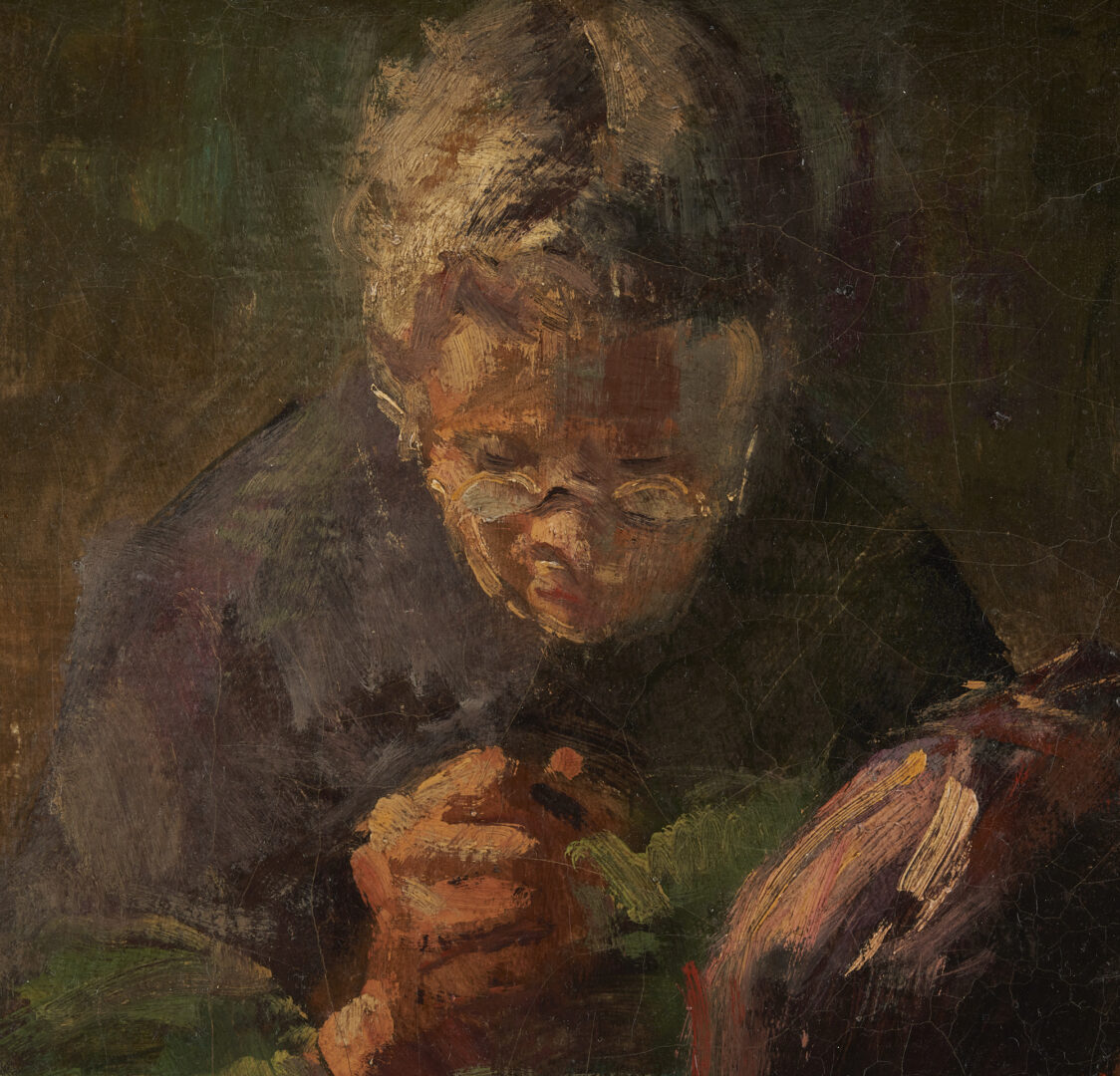 Lot 1163: Karoly Kotasz O/C Genre Painting, Two Women Sewing