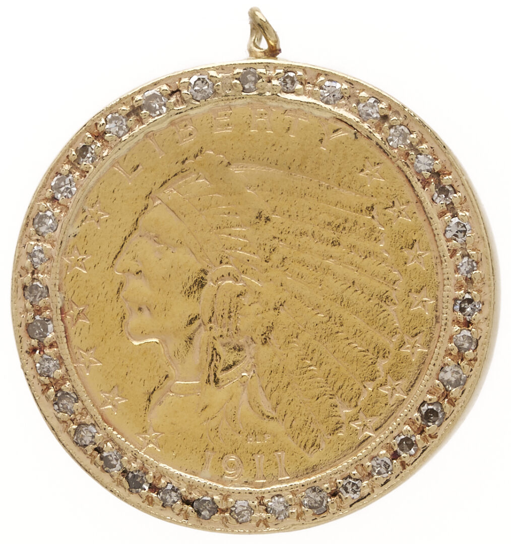 Lot 1170: 1911 $2 1/2 Indian Head Gold Coin, 14K & Diamond Bezel