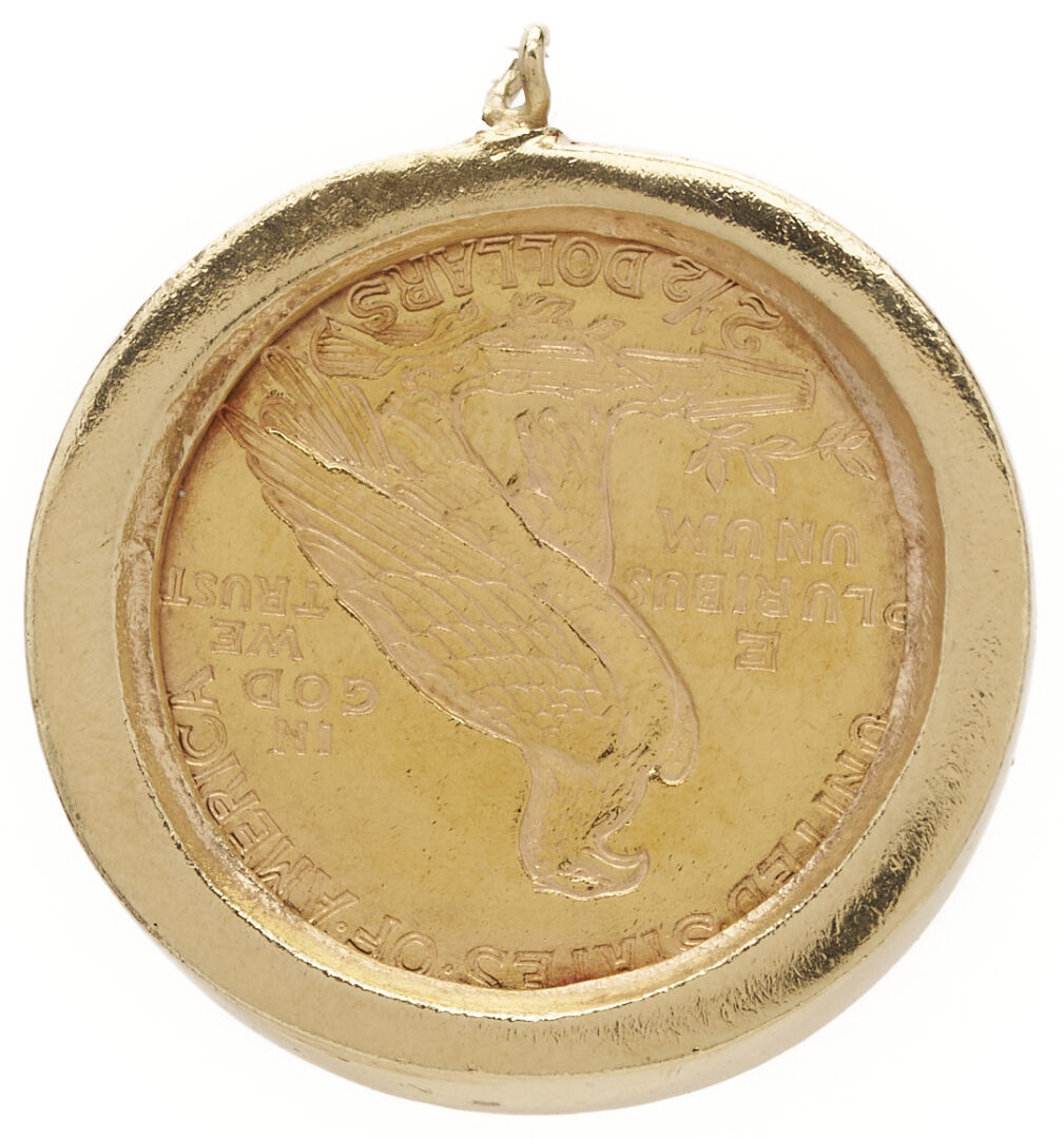 Lot 1170: 1911 $2 1/2 Indian Head Gold Coin, 14K & Diamond Bezel
