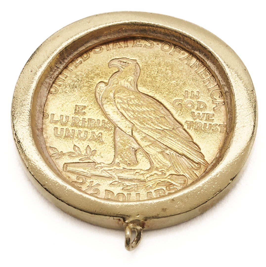 Lot 1170: 1911 $2 1/2 Indian Head Gold Coin, 14K & Diamond Bezel