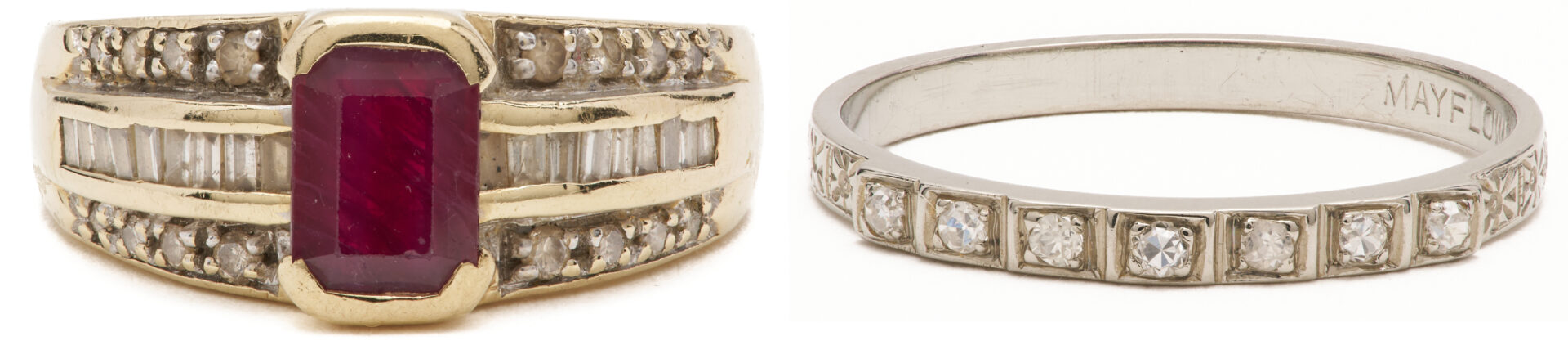 Lot 1173: 14K Gold, Red Stone & Diamond Ring and Mayflower 18K Gold & Diamond Wedding Band