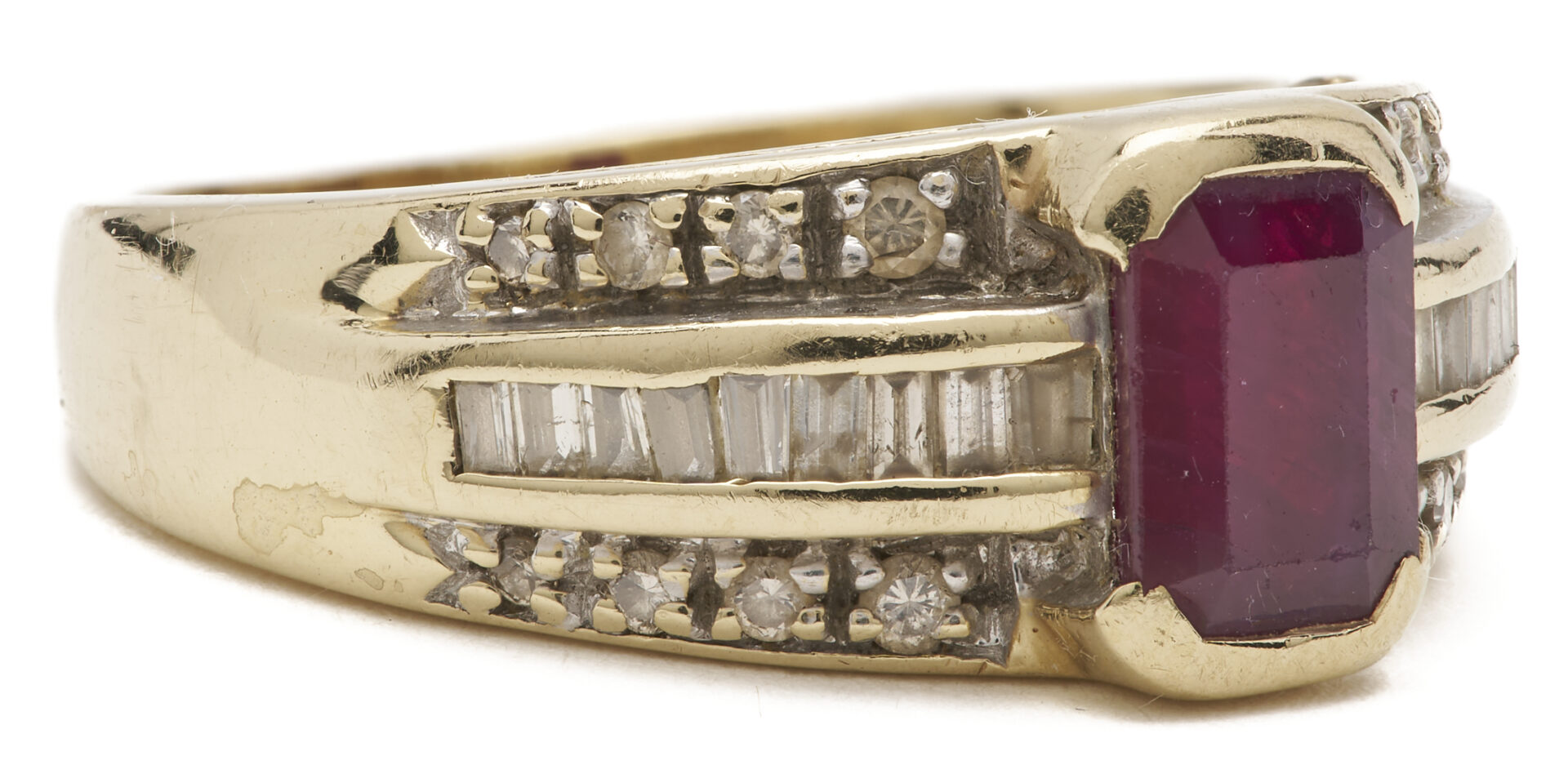 Lot 1173: 14K Gold, Red Stone & Diamond Ring and Mayflower 18K Gold & Diamond Wedding Band