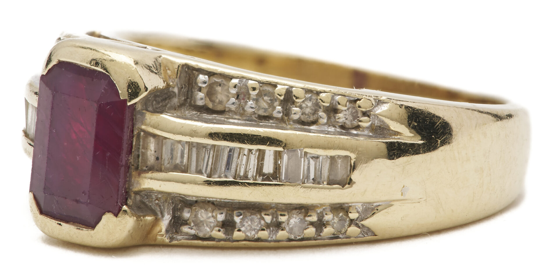 Lot 1173: 14K Gold, Red Stone & Diamond Ring and Mayflower 18K Gold & Diamond Wedding Band