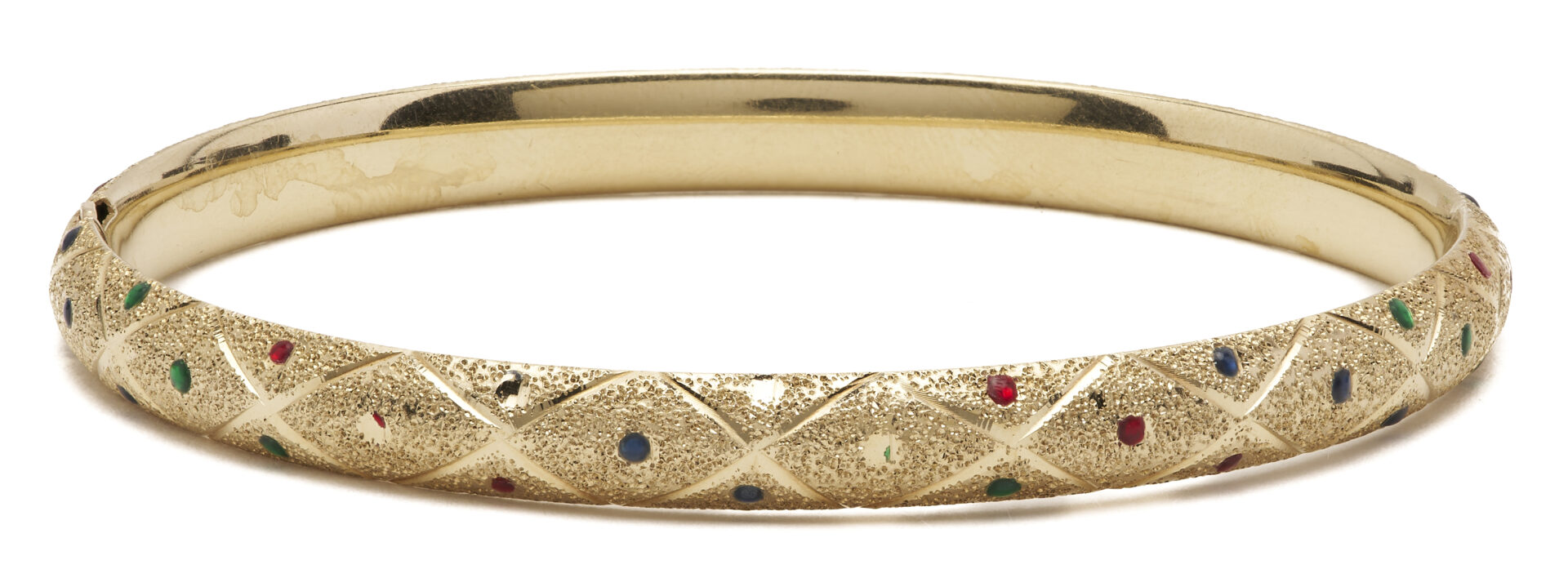 Lot 1174: 14K Gold Domed Hinged Bangle w/ Enameled Accents