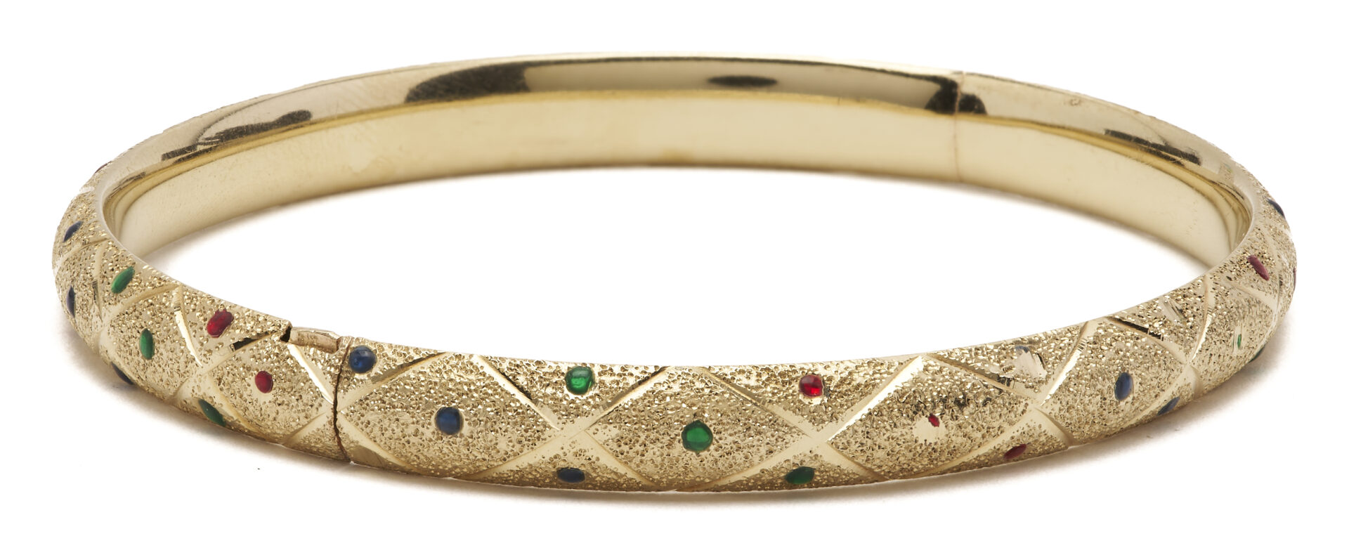 Lot 1174: 14K Gold Domed Hinged Bangle w/ Enameled Accents