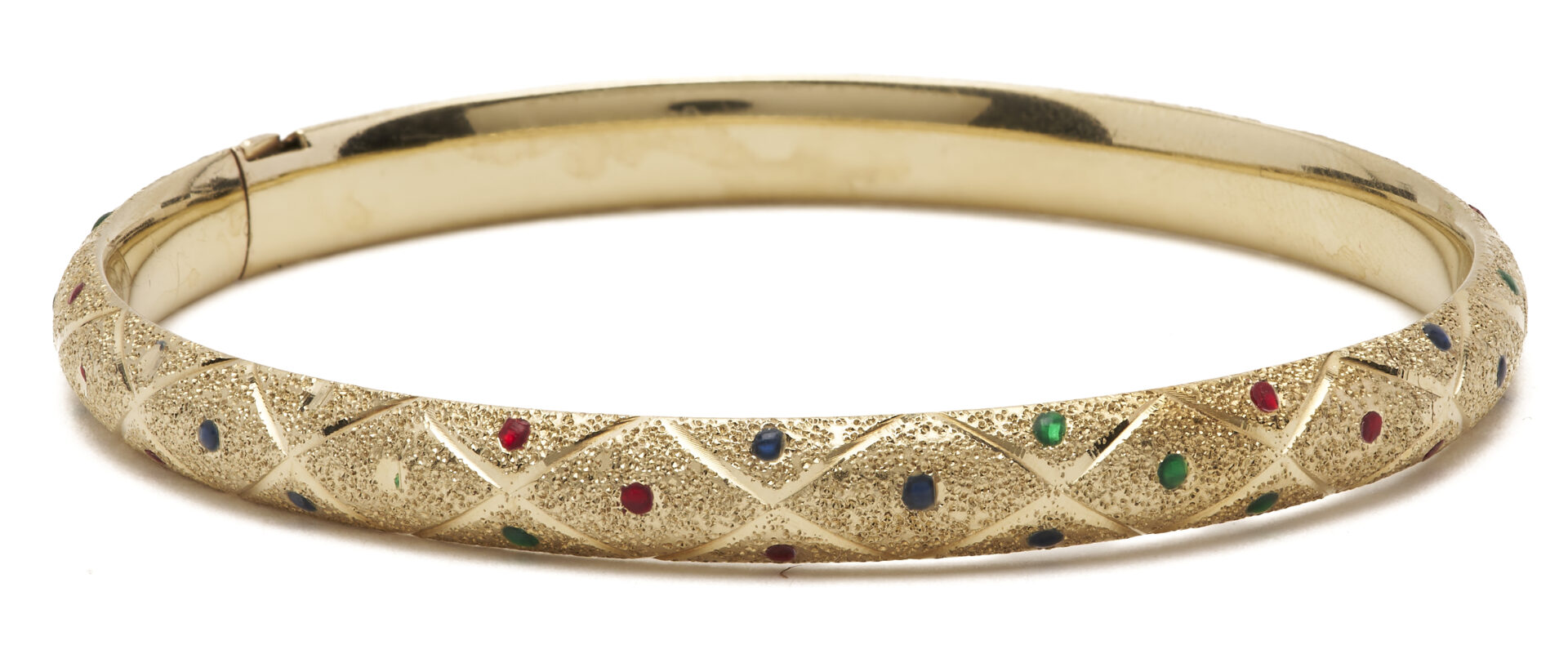 Lot 1174: 14K Gold Domed Hinged Bangle w/ Enameled Accents