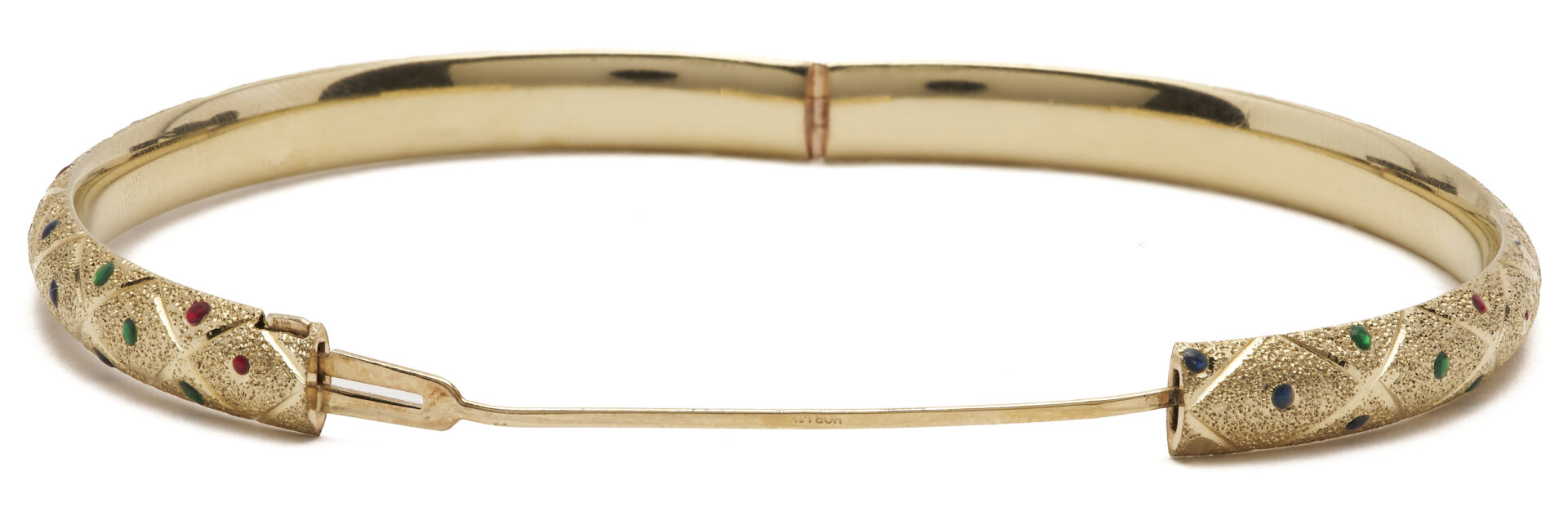 Lot 1174: 14K Gold Domed Hinged Bangle w/ Enameled Accents