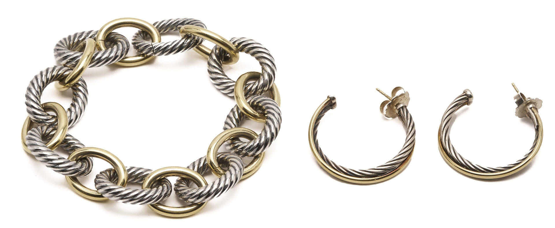 Lot 1177: David Yurman Sterling Gold Bonded Cable Bracelet & Earrings