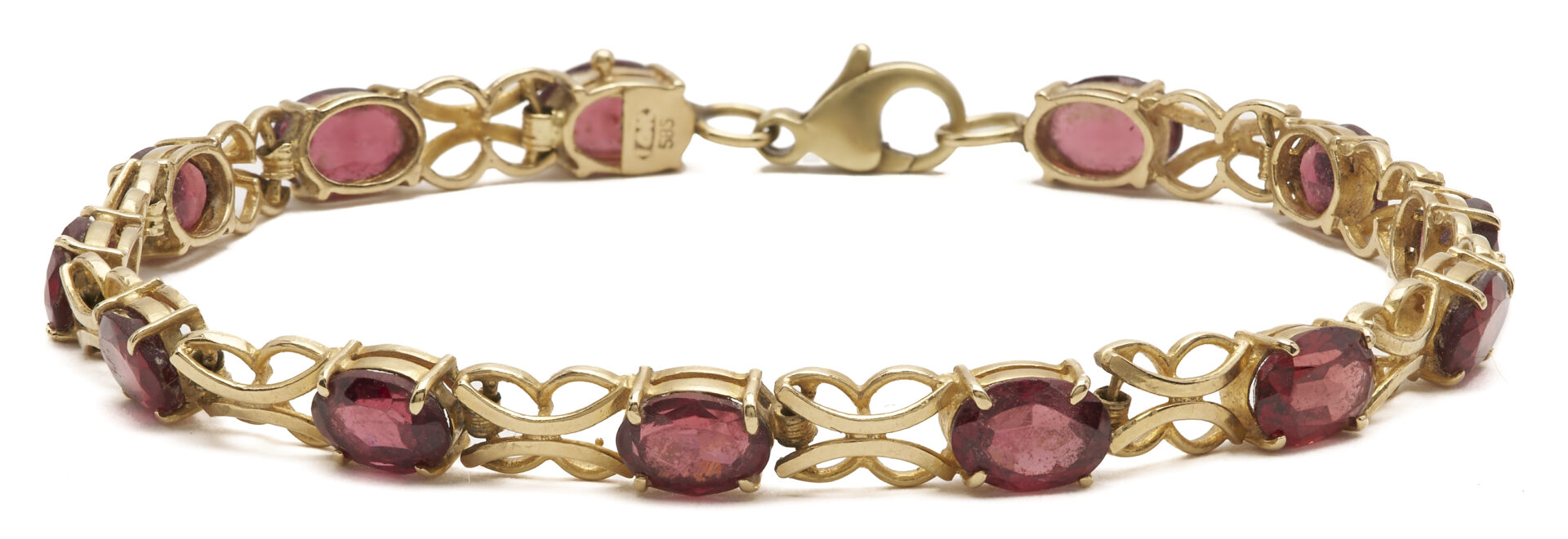 Lot 1180: 14K Gold Tennis Bracelet w/ 13 Oval Cut Rhodolite Garnets
