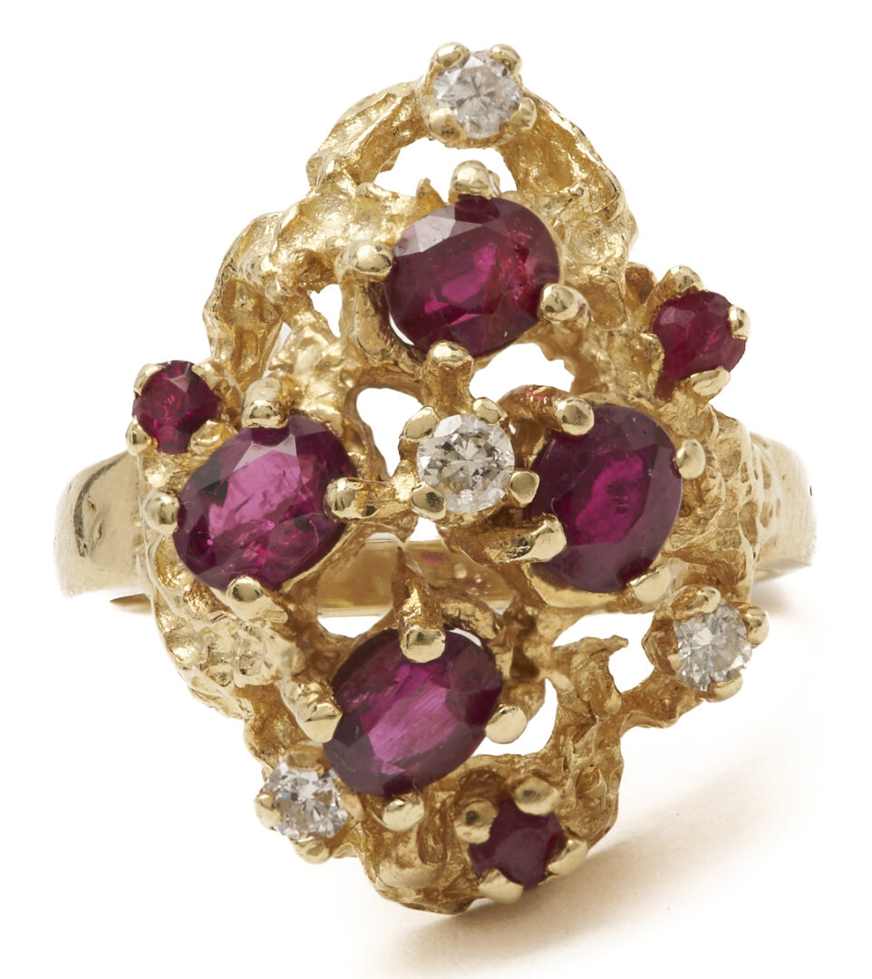 Lot 1190: 14K Nugget Style Ruby and Diamond Cluster Ring