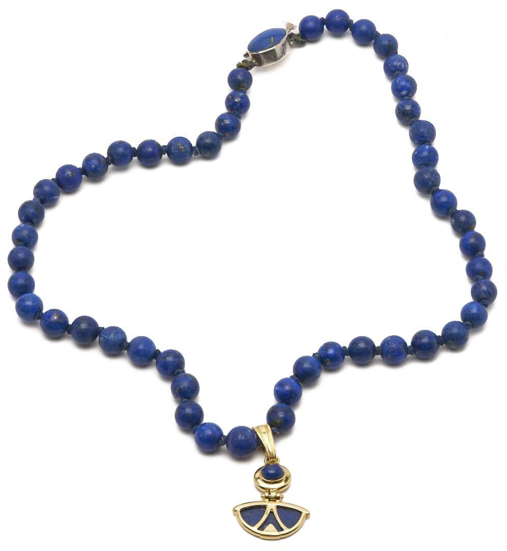 Lot 1196: Lapis Beaded Necklace w/ 18K Enhancer; plus Pr. Jadeite Earrings