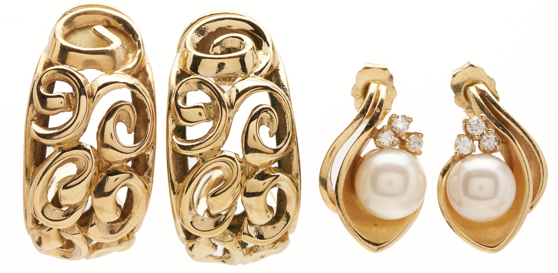 Lot 1198: 2 Prs. Earrings: 14K & Akoya Cultured Pearl Diamond and 14K Gold Scroll