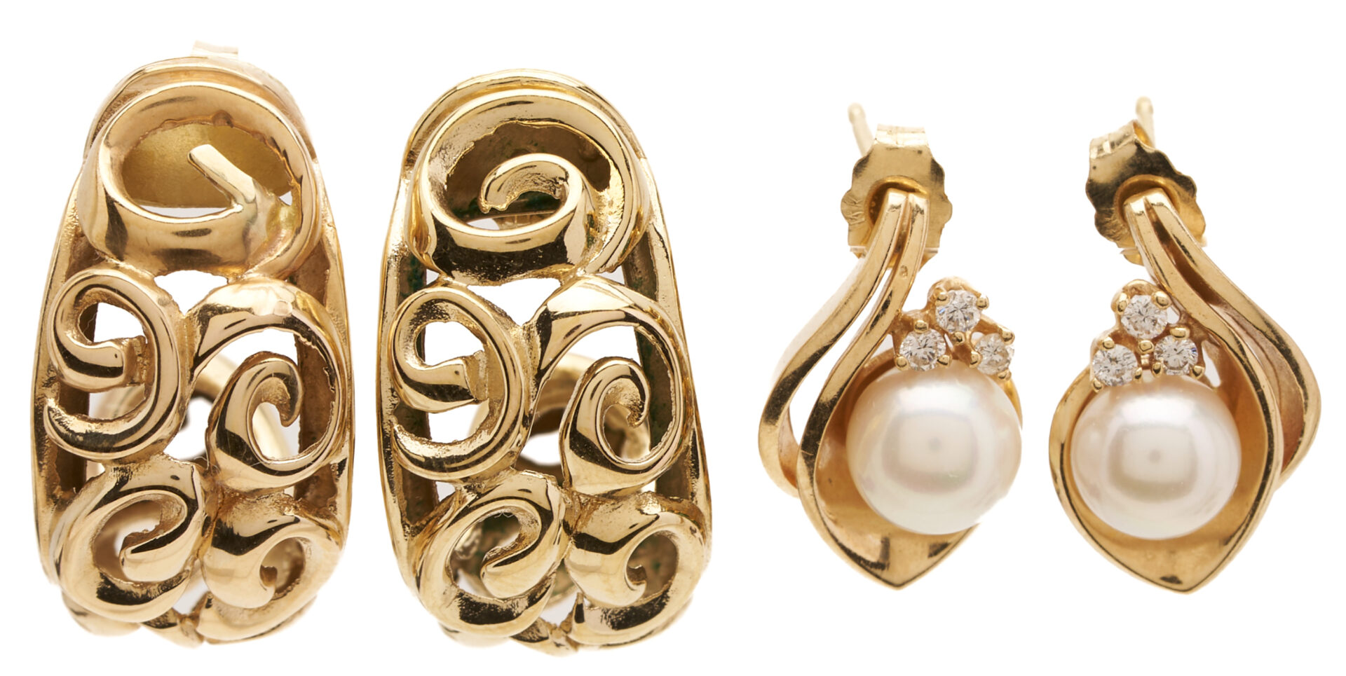 Lot 1198: 2 Prs. Earrings: 14K & Akoya Cultured Pearl Diamond and 14K Gold Scroll