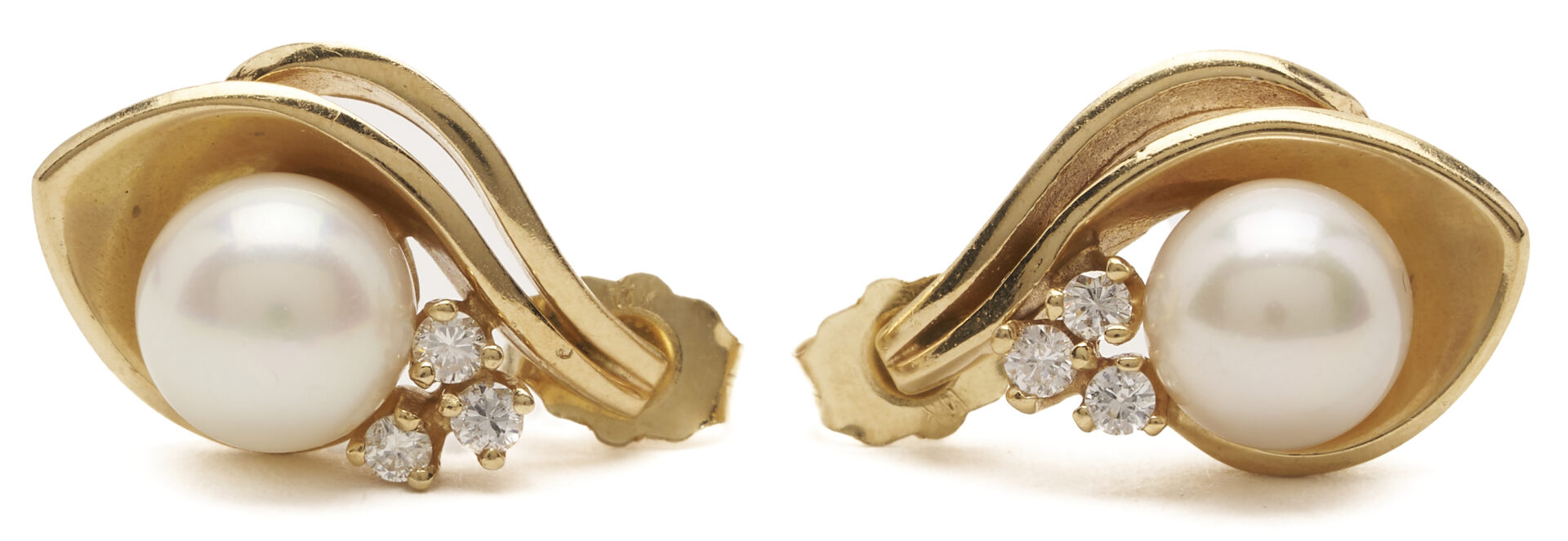 Lot 1198: 2 Prs. Earrings: 14K & Akoya Cultured Pearl Diamond and 14K Gold Scroll