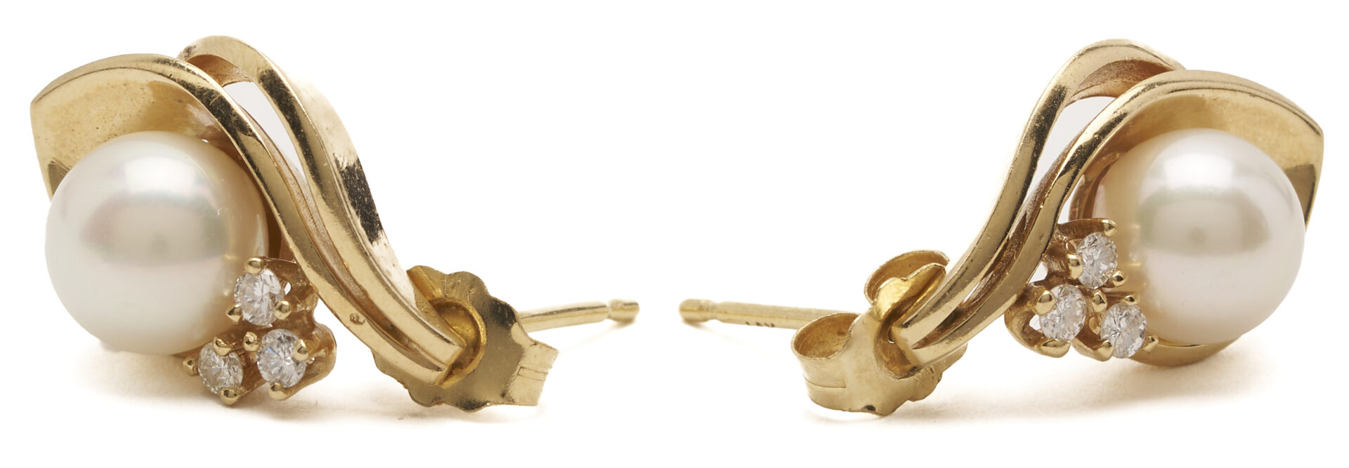 Lot 1198: 2 Prs. Earrings: 14K & Akoya Cultured Pearl Diamond and 14K Gold Scroll