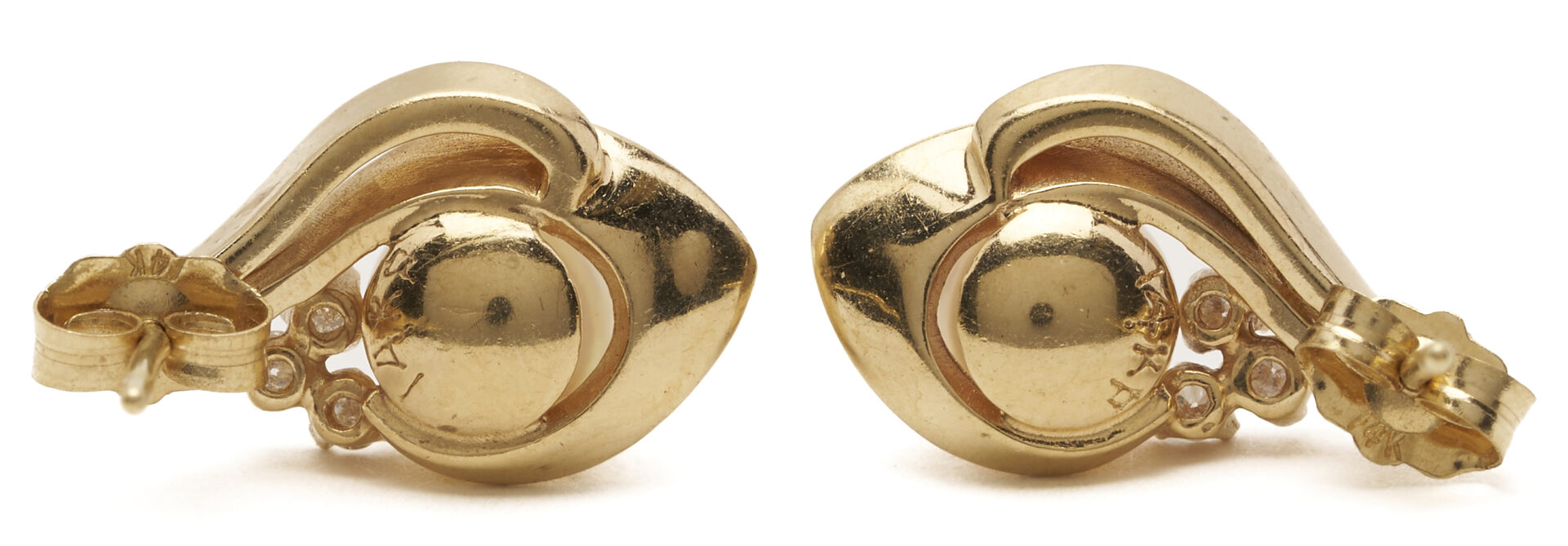 Lot 1198: 2 Prs. Earrings: 14K & Akoya Cultured Pearl Diamond and 14K Gold Scroll