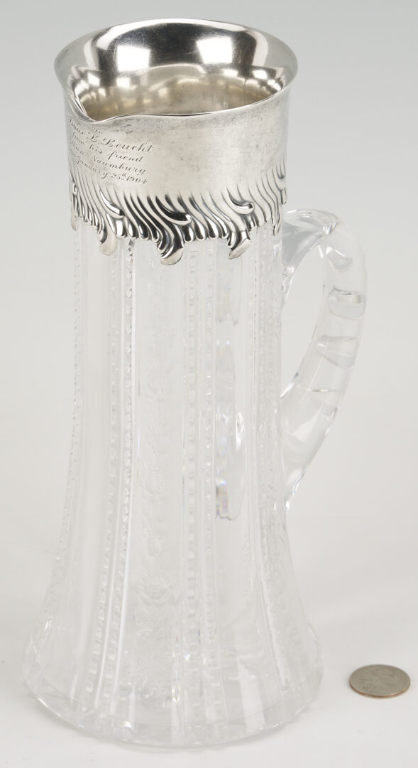 Lot 1199: Tiffany Sterling & Crystal Pitcher, Judaica Interest