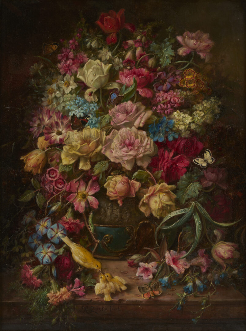 Lot 119: Hans Zatzka O/C Still Life Painting, Flowers w/ Birds & Butterflies
