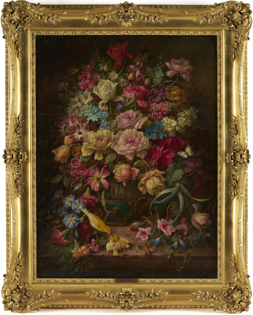 Lot 119: Hans Zatzka O/C Still Life Painting, Flowers w/ Birds & Butterflies