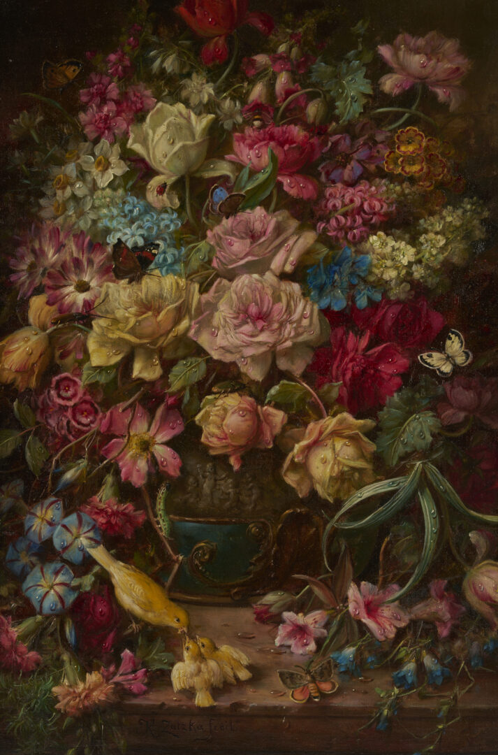 Lot 119: Hans Zatzka O/C Still Life Painting, Flowers w/ Birds & Butterflies