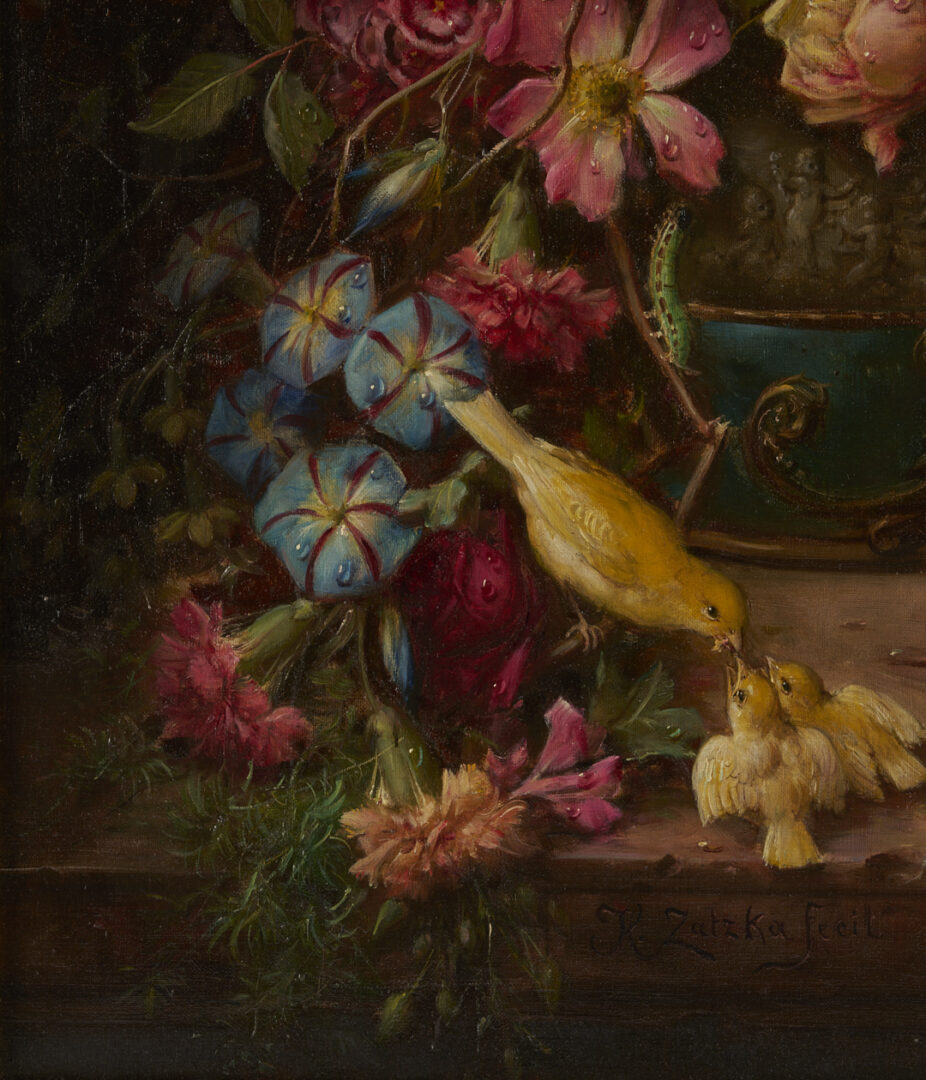 Lot 119: Hans Zatzka O/C Still Life Painting, Flowers w/ Birds & Butterflies