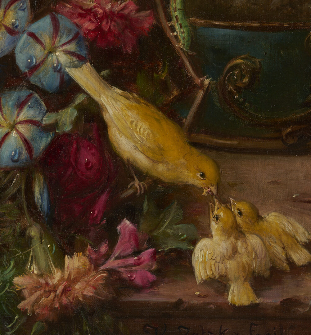 Lot 119: Hans Zatzka O/C Still Life Painting, Flowers w/ Birds & Butterflies